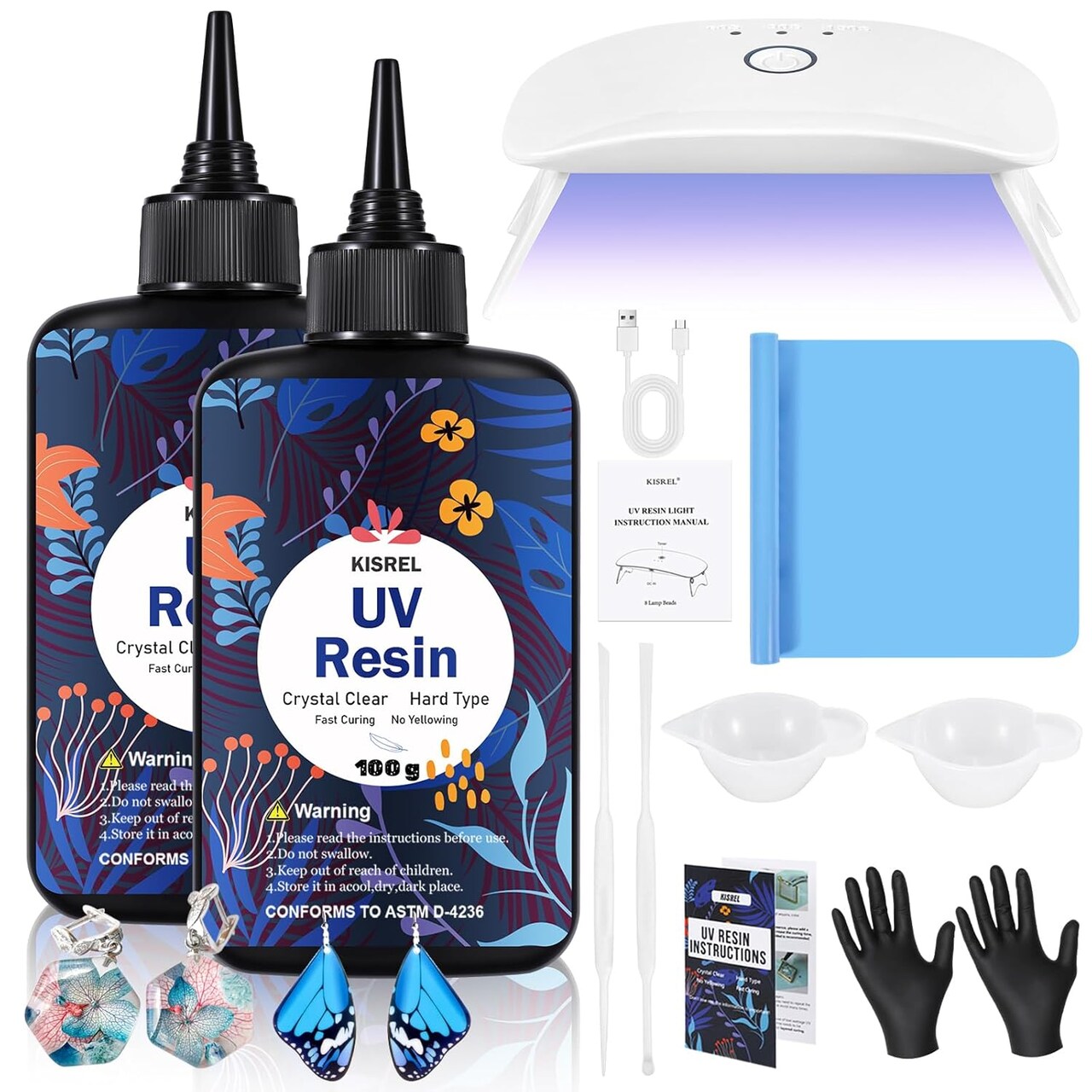 200g UV Resin Kit with UV Light – Crystal Clear Fast-Curing Hard Resin Set with 8 LED Lamp Beads for DIY Jewelry & Craft Making